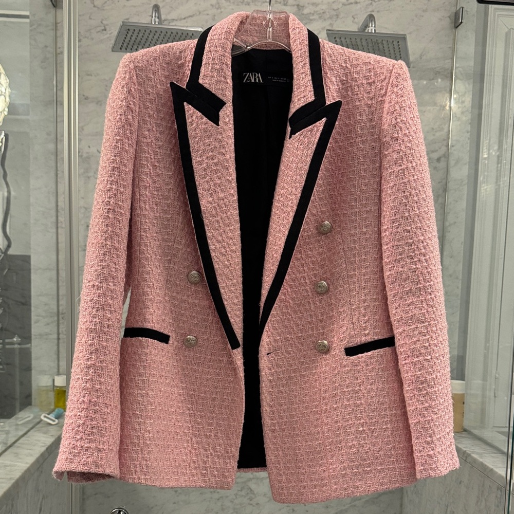 Zara Pink tweed Blazer with Black Accents